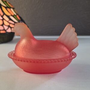 Orange Frosted Glass Hen on Nest Dish